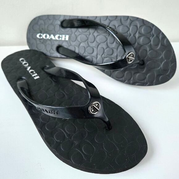 Coach NEW Abbigail Signature Turnlock Black Flip Flop Sandal Rubber Size 7 Gift - Picture 4 of 14
